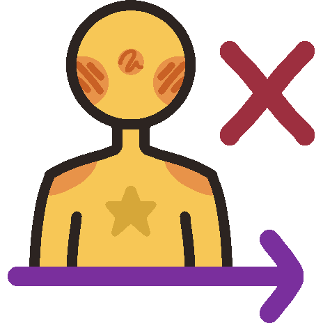 A nondescript yellow person with a star on their chest is positioned above a rightward-pointing purple arrow and a red X to the right of the person.